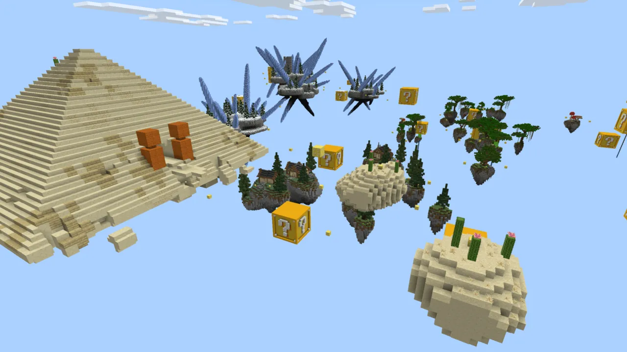 Lucky Sky Block Challenge map: Floating islands with pyramids and question blocks