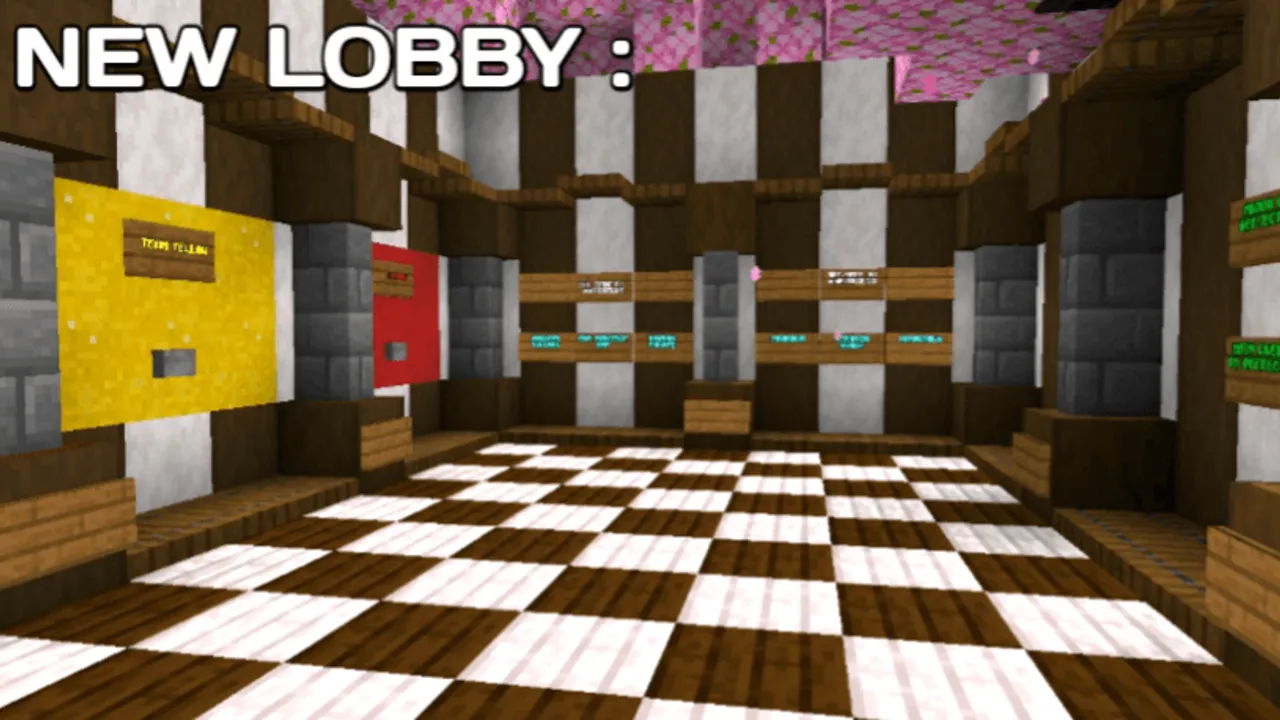 luckyblockrace trio map: New lobby with checkered floor and wooden walls