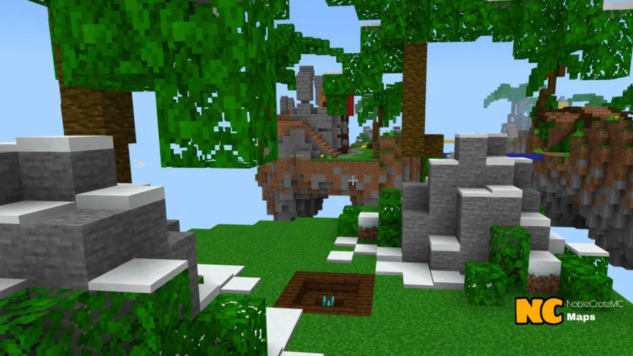 NC Practice Bed Wars map: Forest with stone structures and a hole