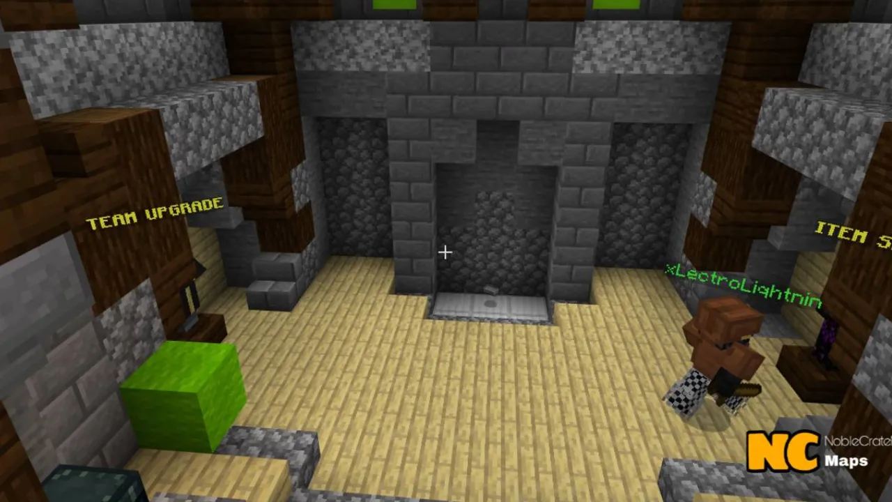 NC Practice Bed Wars map: Lobby with team upgrade and item shop signs