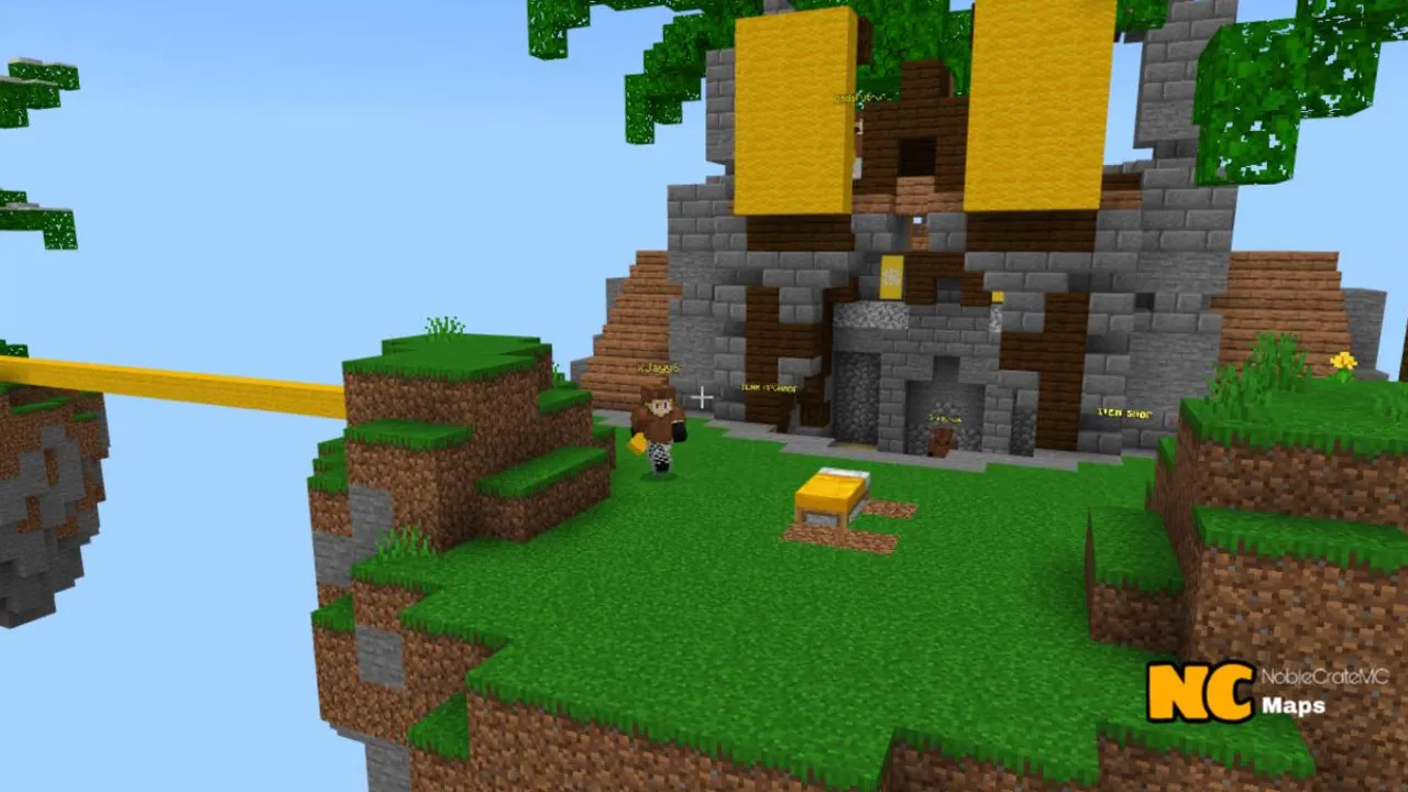 NC Practice Bed Wars map: Player near stone castle with golden blocks