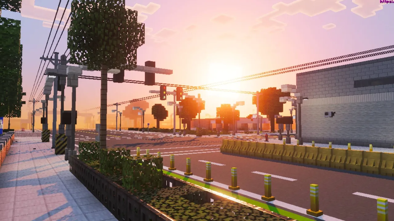 New Clark City map for Minecraft PE: Sunset over city street with buildings and trees