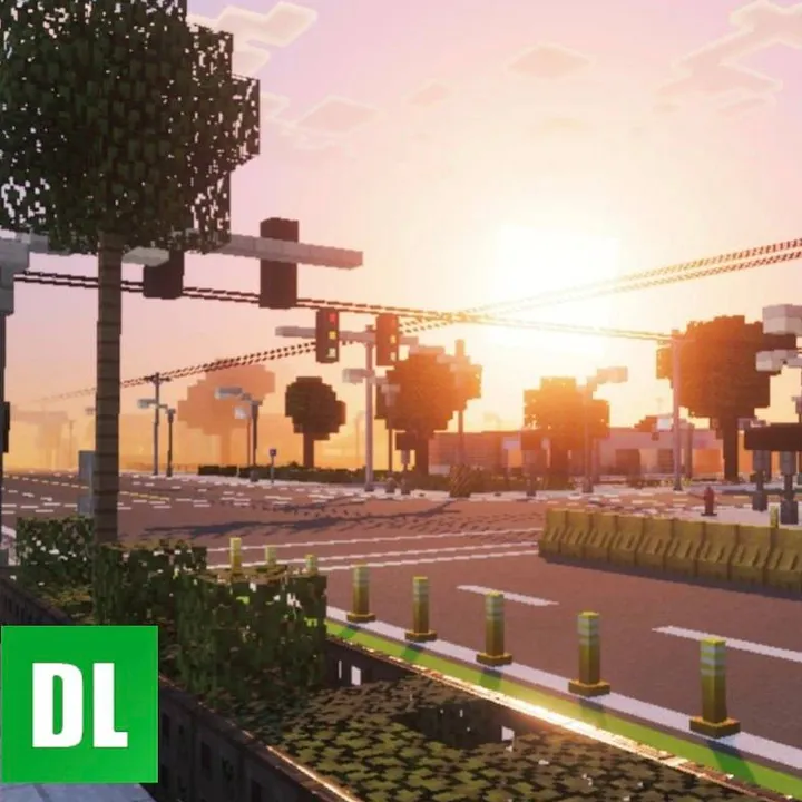 New Clark City map: City street at sunset with traffic lights