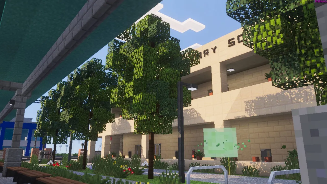 New Clark City map: School building with trees and benches