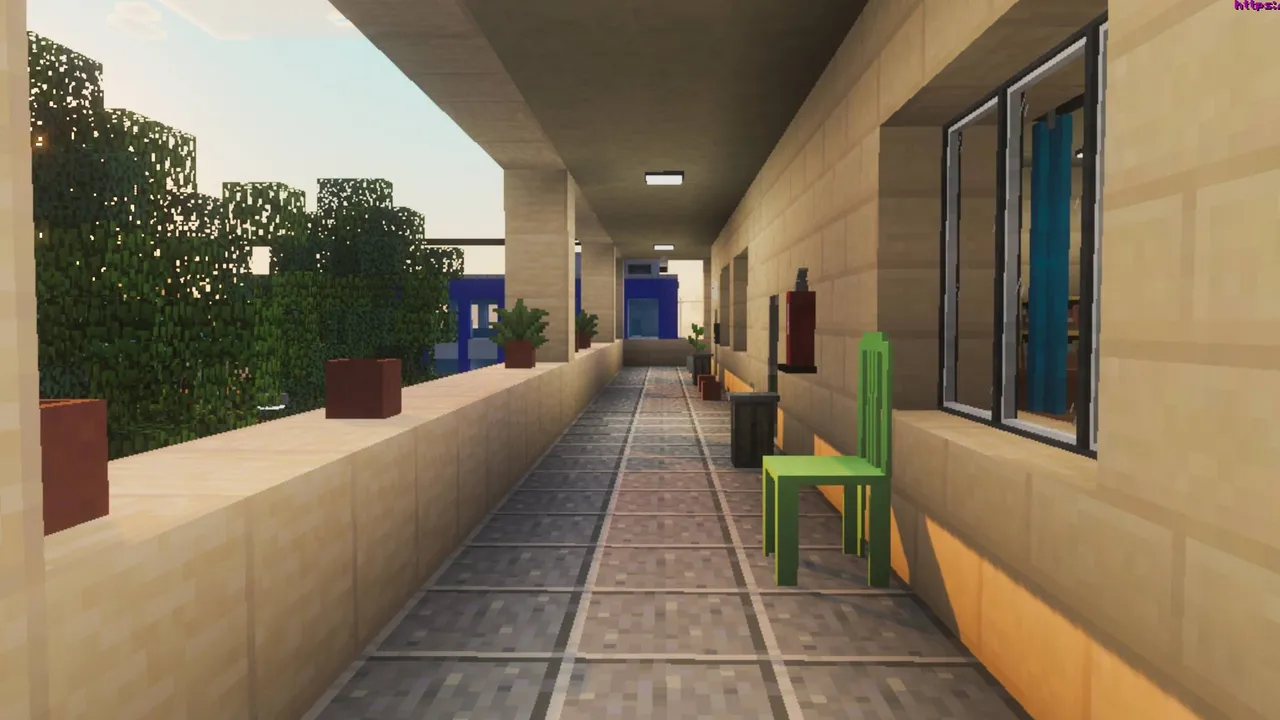 New Clark City map: Long hallway with green chair and windows
