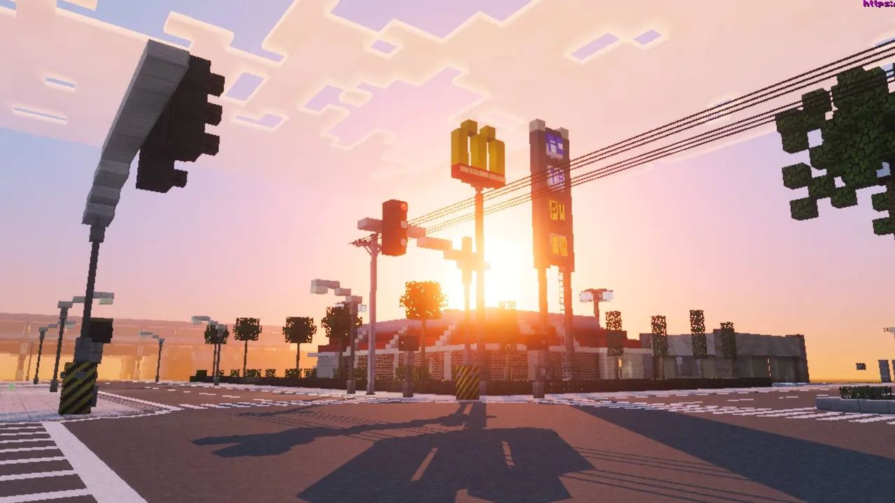 New Clark City map: Sunset over city with McDonald's sign