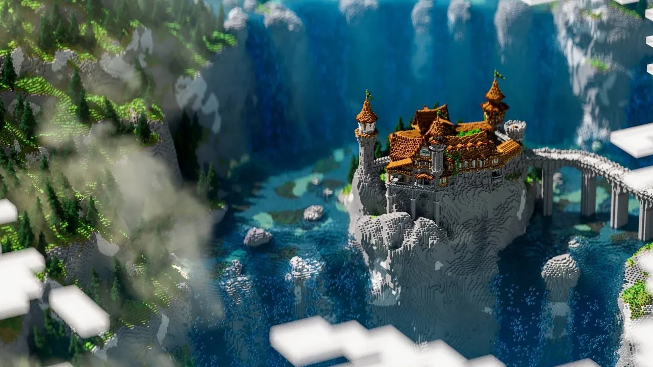 Old Fallen Castle map for Minecraft PE: Castle on cliff with waterfalls