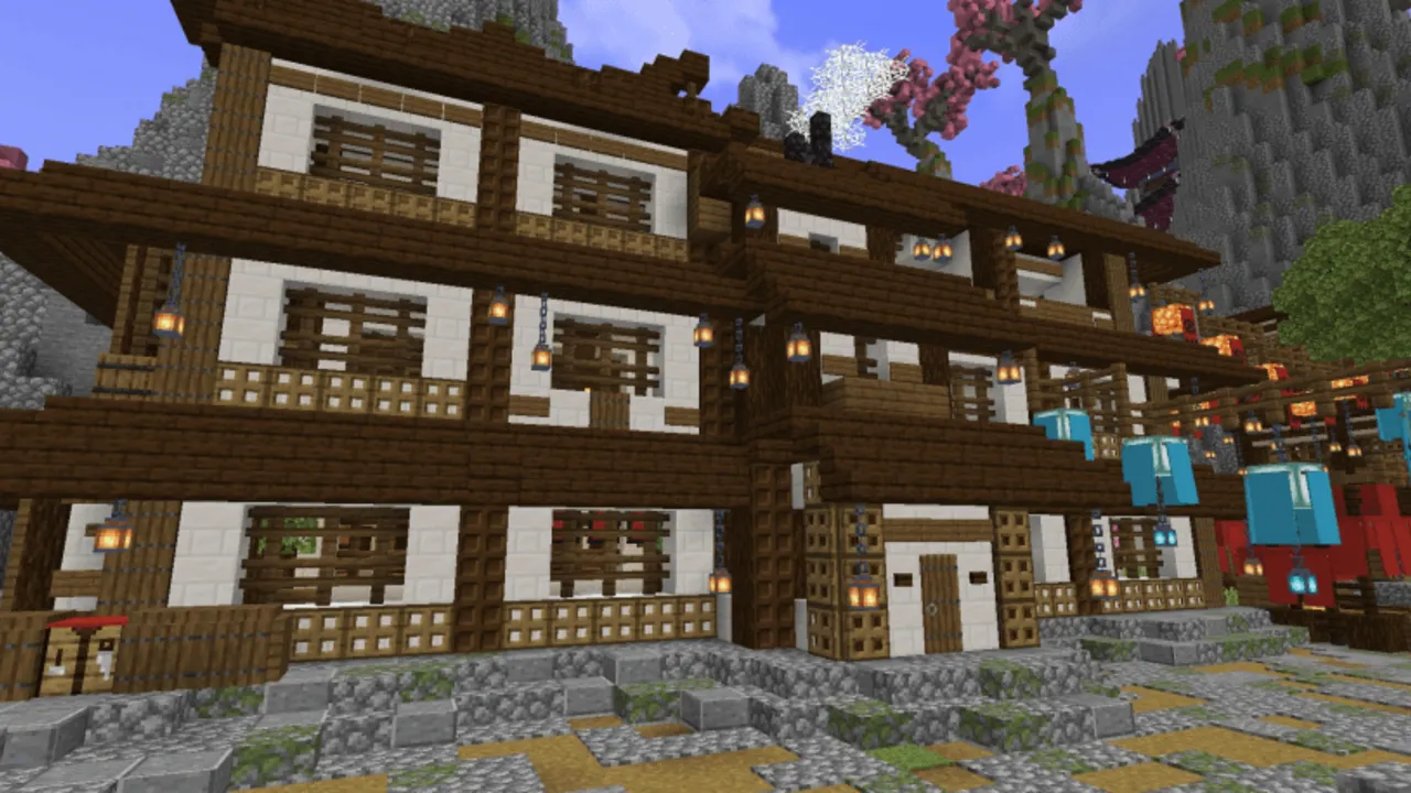 Old Japanese Town in the Cherry Biome map: Japanese-style wooden building with lanterns