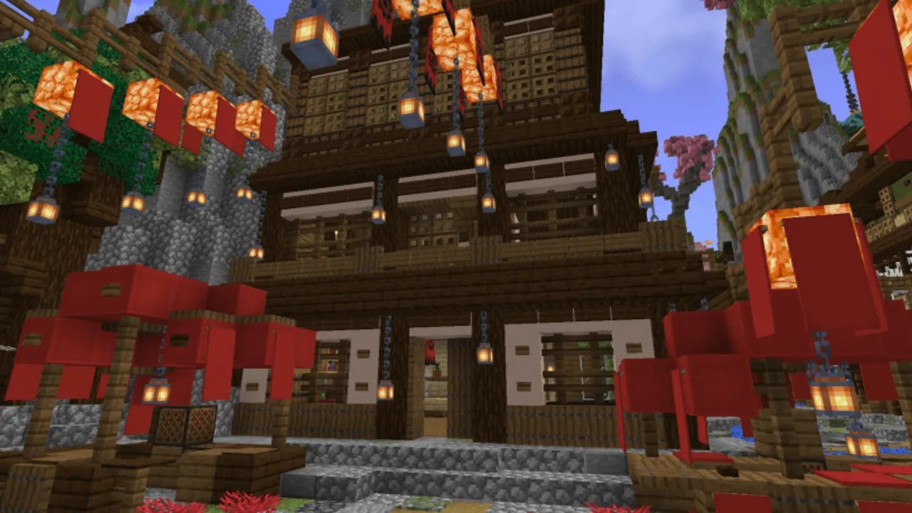 Old Japanese Town in the Cherry Biome map: Japanese town with red lanterns and wooden buildings