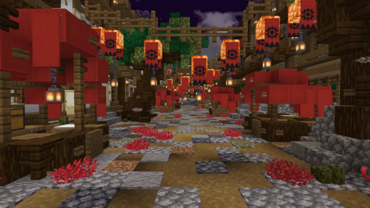 Old Japanese Town in the Cherry Biome map: Red lanterns hang over stone path