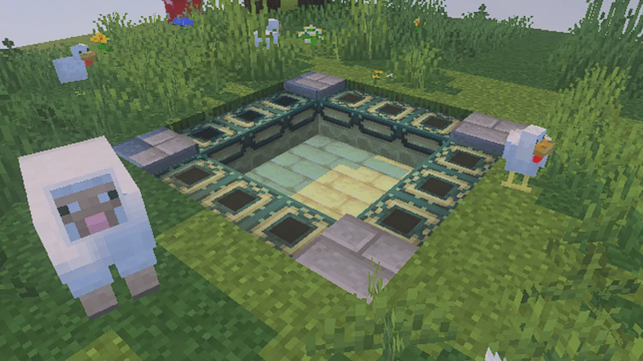 One Chest map for Minecraft PE: Chests in grassy field with sheep and chickens