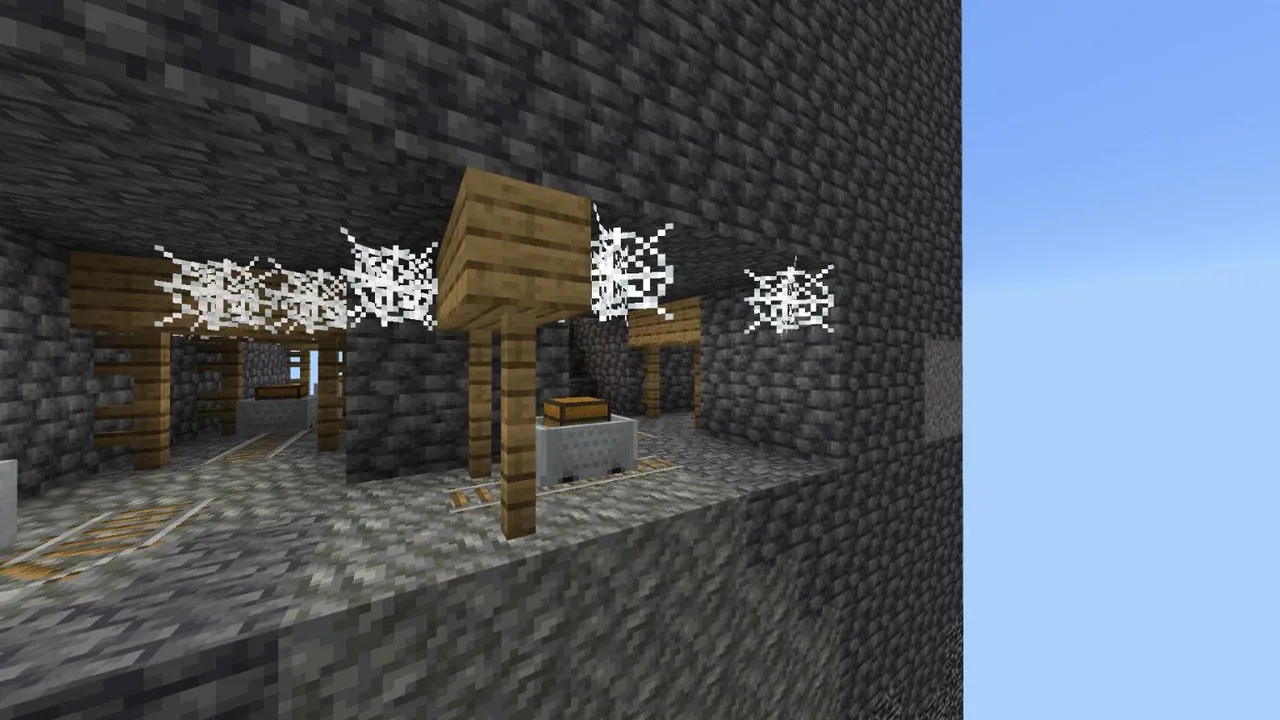 One chunk map: Stone cave with wooden pillars and snow