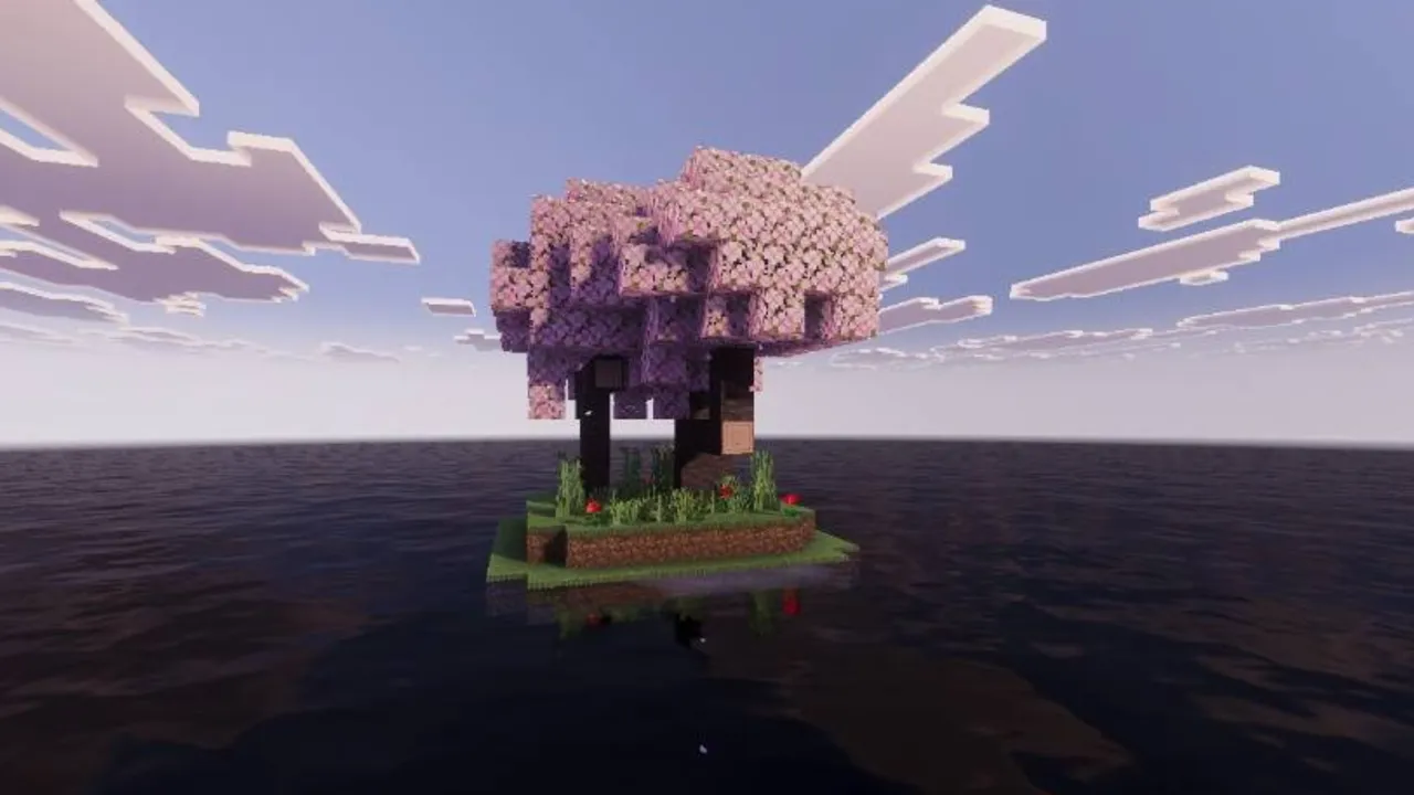 Only Raft World 100 Days Survival map: Pink cherry tree on tiny grass island
