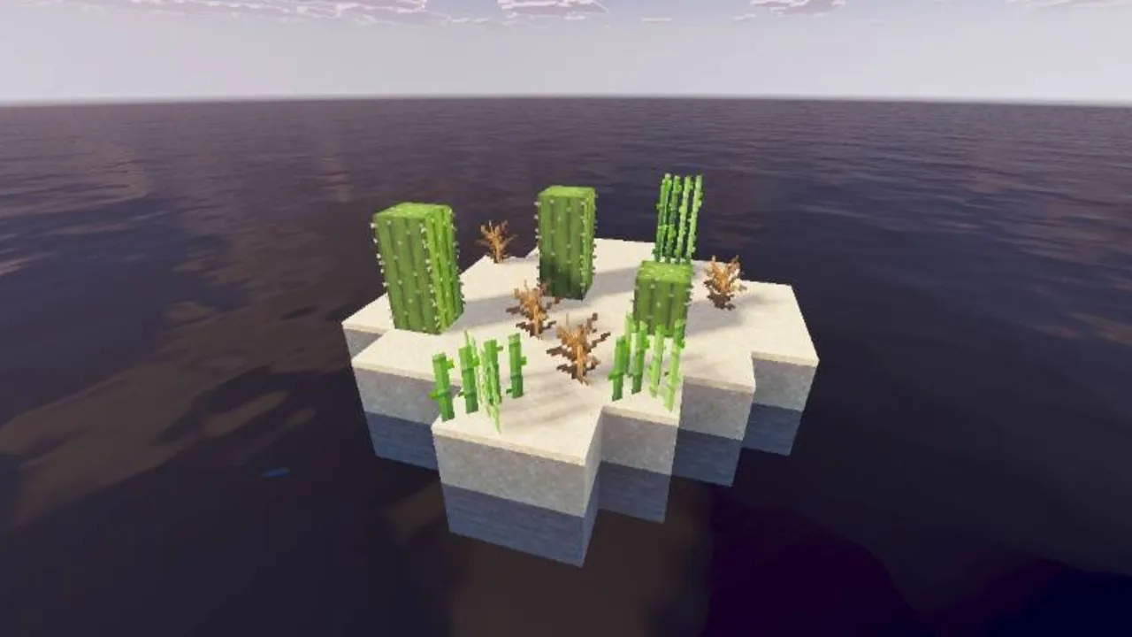 Only Raft World 100 Days Survival map: Sand island with cactus and sugar cane