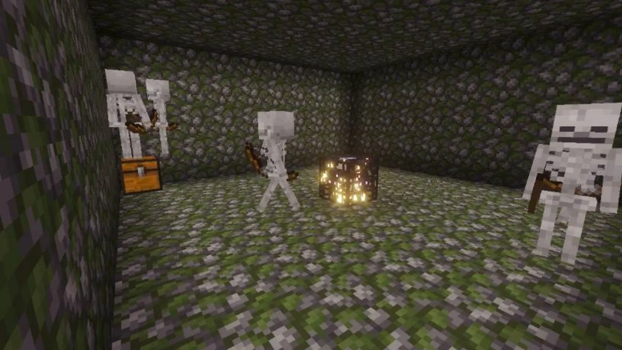 Only Raft World 100 Days Survival map: Skeletons and chest in mossy stone room