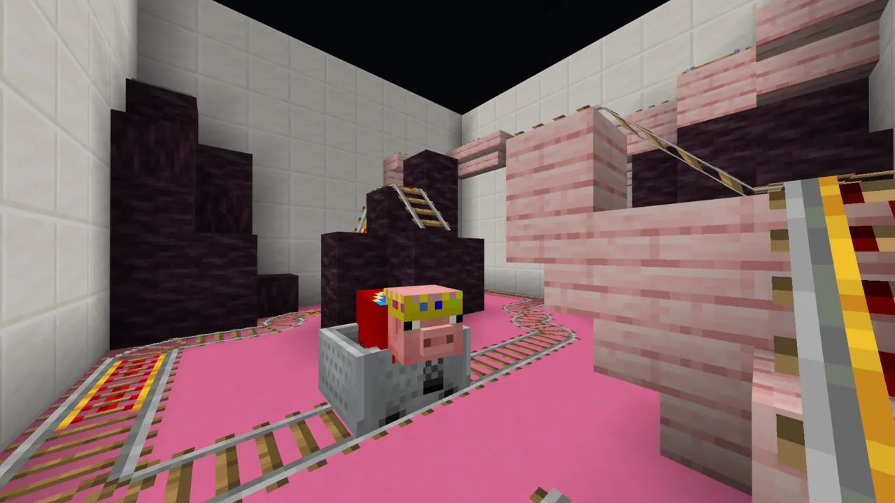 Parkour A Map: Pig on train track in pink room
