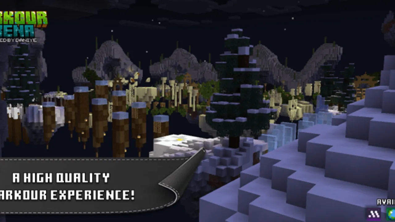 Parkour Arena map: Nighttime parkour course with snowy terrain