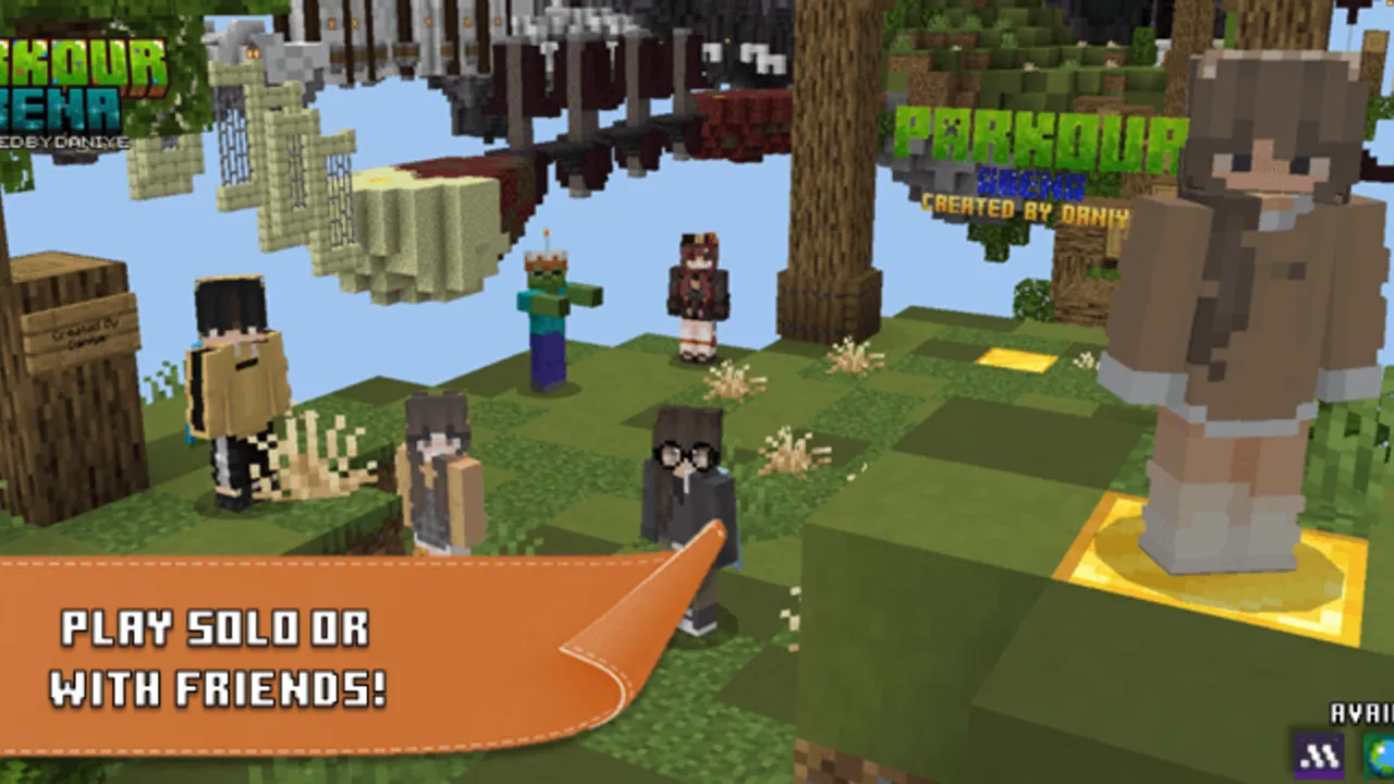 Parkour Arena map: Players jump on platforms in a forest