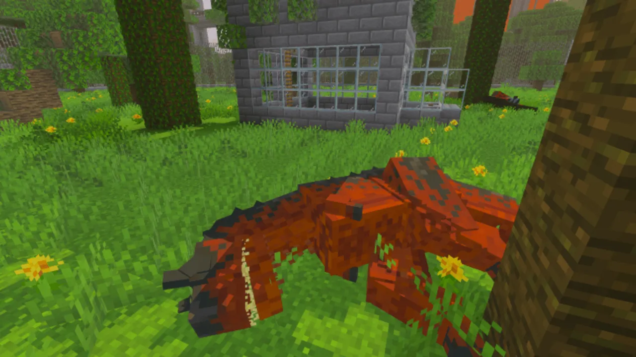 Prehistoric Park Full Edition map: Red dinosaur lying in grass near tree