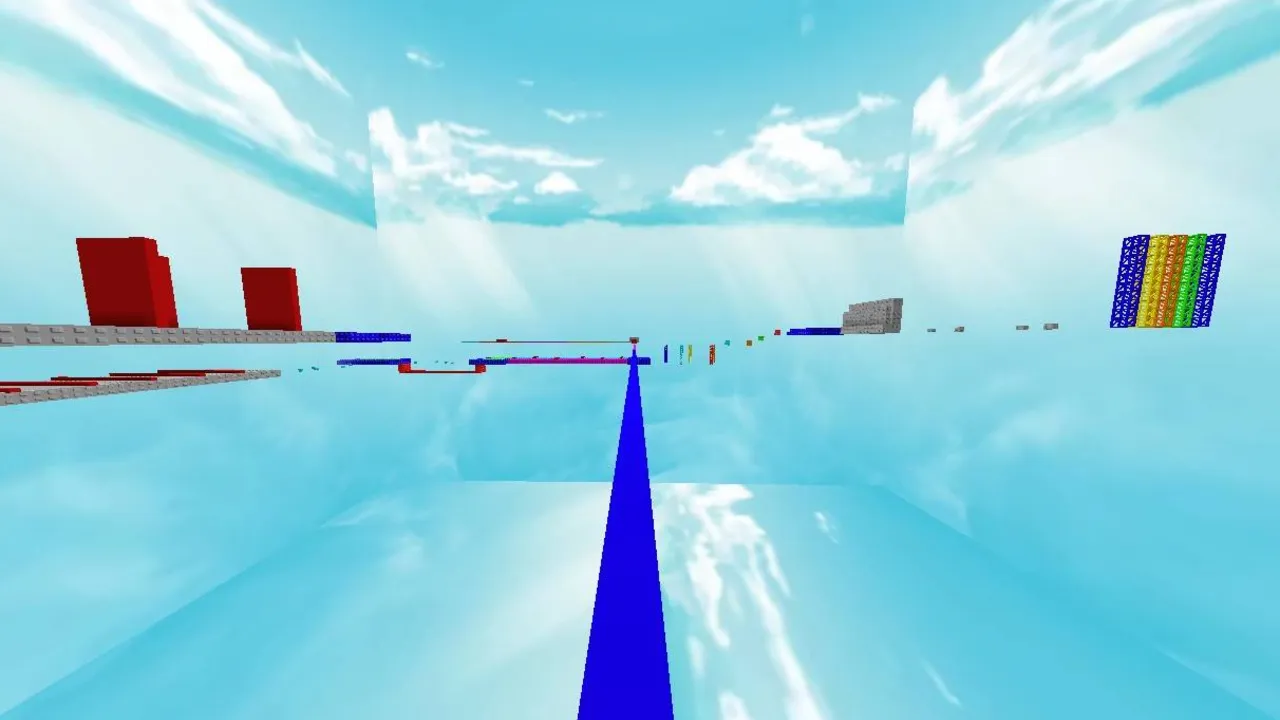 Roblox Parkour Obby map: Blue path through sky with colorful blocks