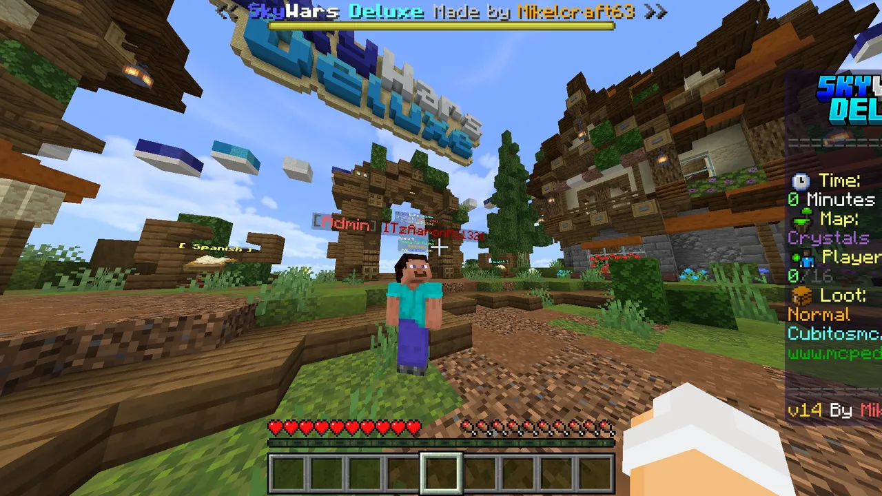 SkyWars Deluxe map: Player on floating island with houses