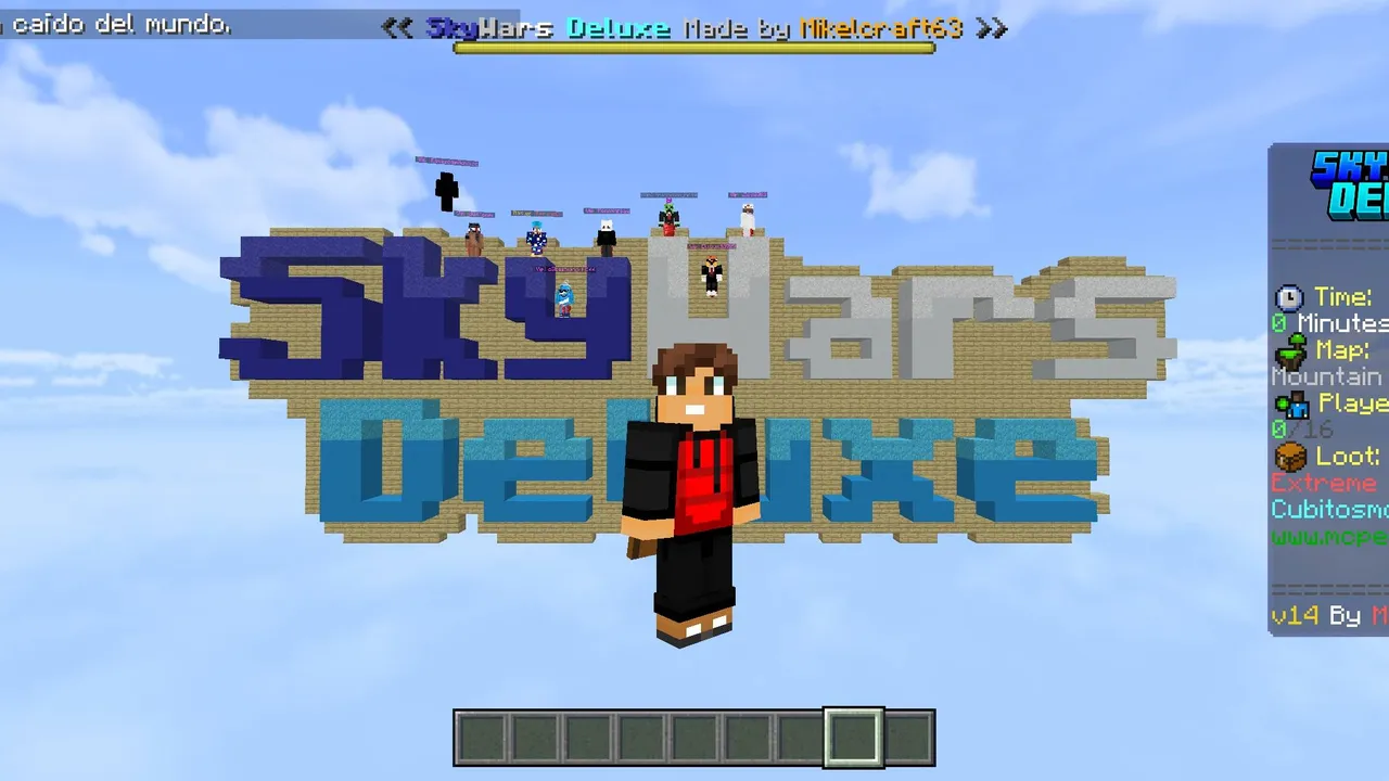 SkyWars Deluxe map: Player standing on floating island with game title
