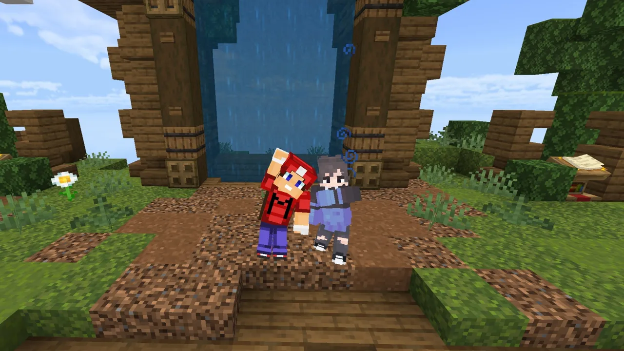 SkyWars Deluxe map: Two players standing on a floating island
