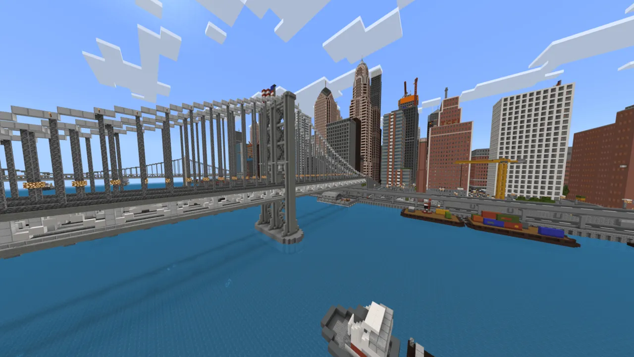 SpiderMan City map: City bridge over water with tall buildings