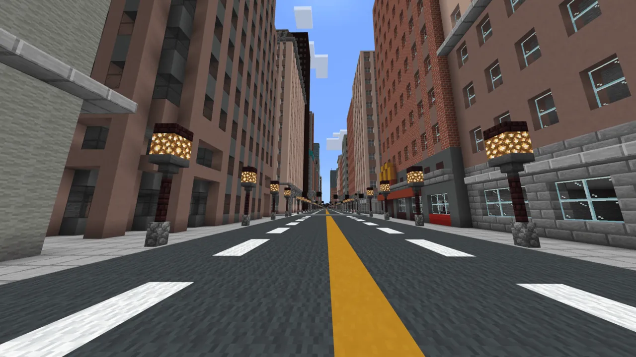 SpiderMan City map: City street with tall buildings and street lamps