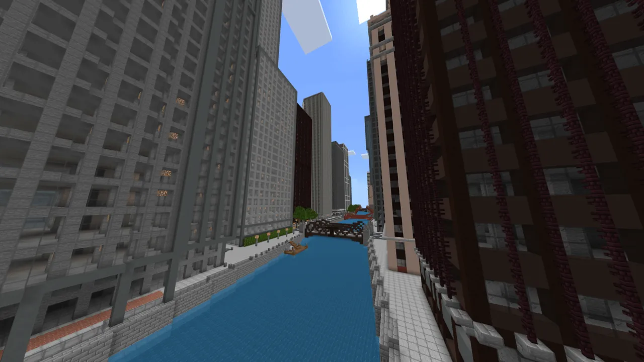 SpiderMan City map: City with tall buildings and water canal