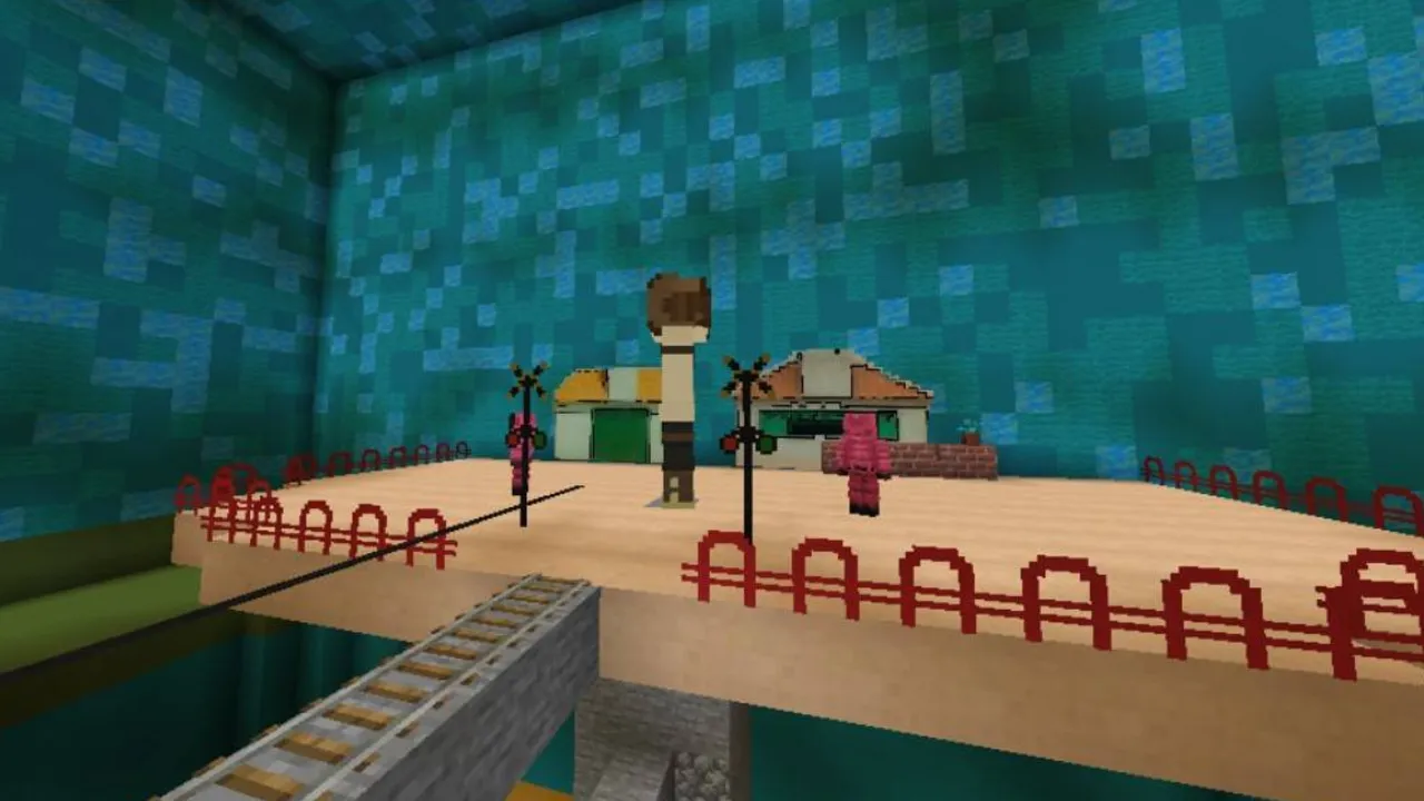 Squid Game map for Minecraft PE: Jump rope challenge scene with red fences and small buildings