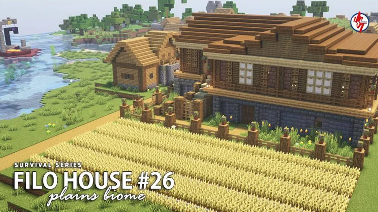 Survival Filo House #26 map for Minecraft PE: House with wheat field near water