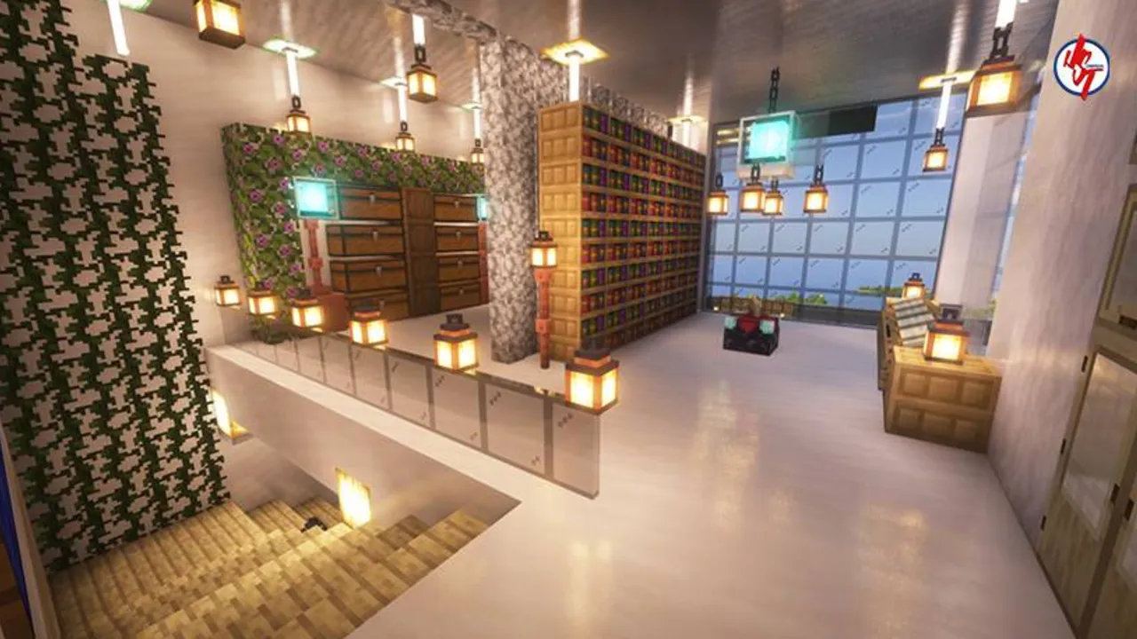 Survival Modern House #6 map: Modern house interior with bookshelves and lamps