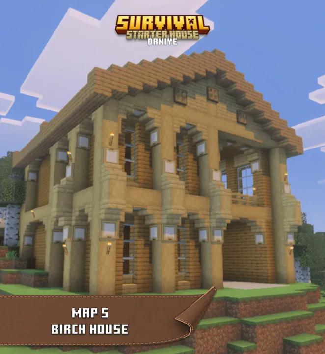 Survival Starter House map: Birch house with stone pillars and windows