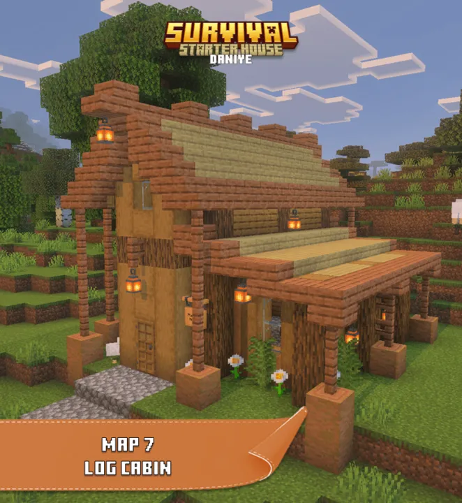 Survival Starter House map: Log cabin with lanterns and flowers