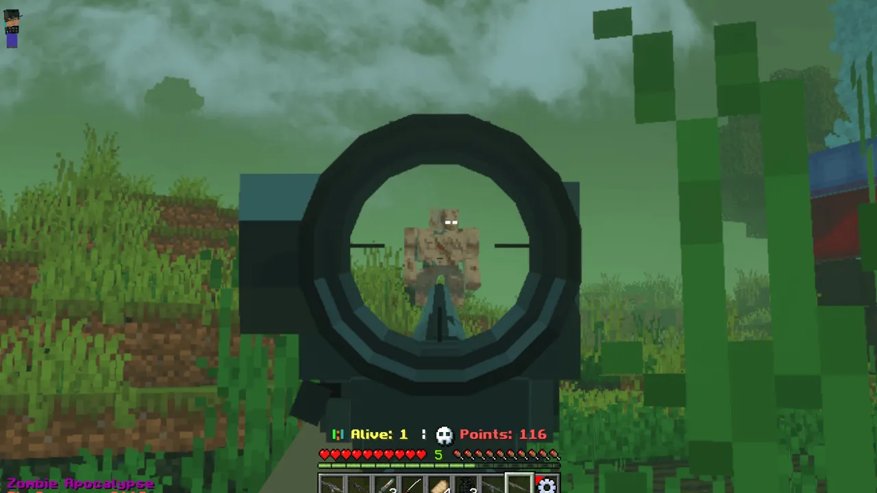 TC Zombie Apocalypse map: Player aiming rifle at zombie through scope