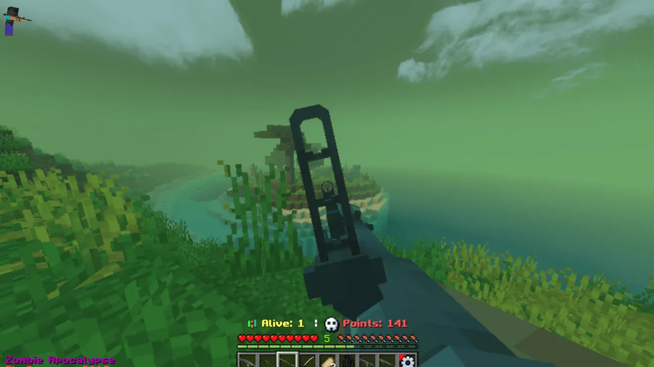 TC Zombie Apocalypse map: Player holding gun on grassy hill