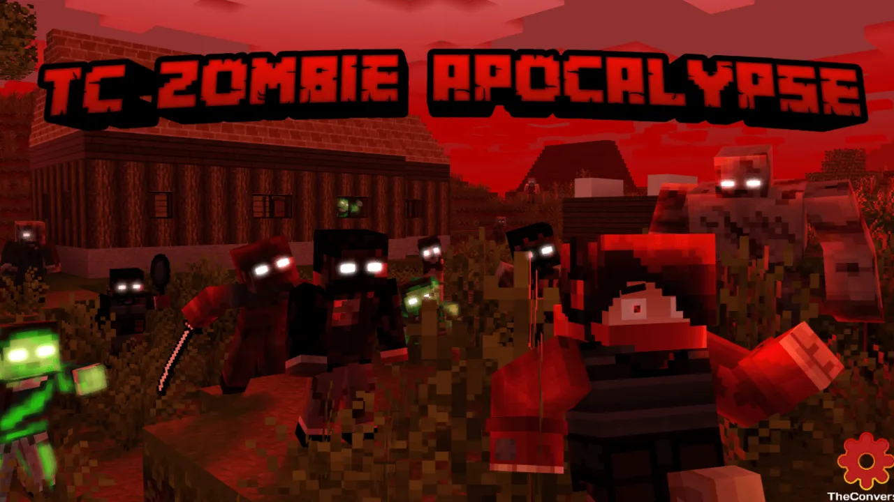 TC Zombie Apocalypse map for Minecraft PE: Zombies attacking in red sky
