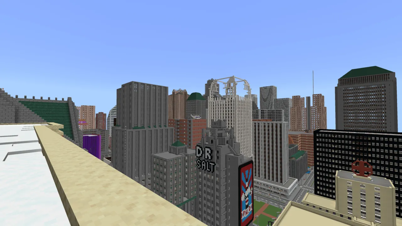 The City of Swagtropolis map: City skyline with tall buildings and signs