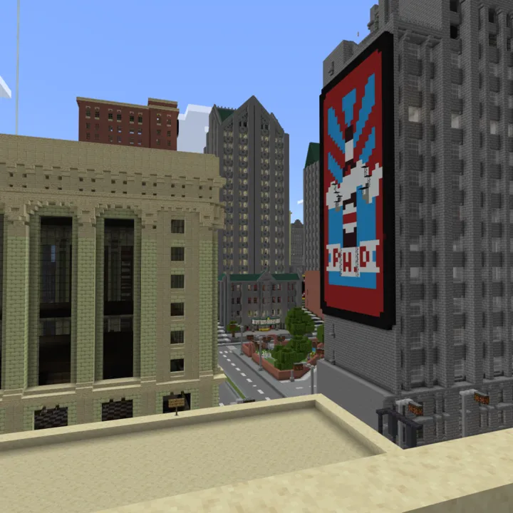The City of Swagtropolis map for Minecraft PE: City skyline with tall buildings and a large billboard