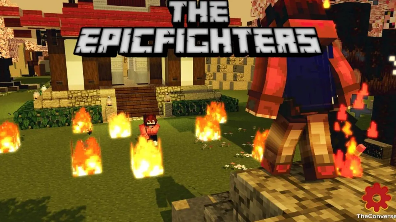 The Epic Fighters map for Minecraft PE: Player fighting zombies in fire