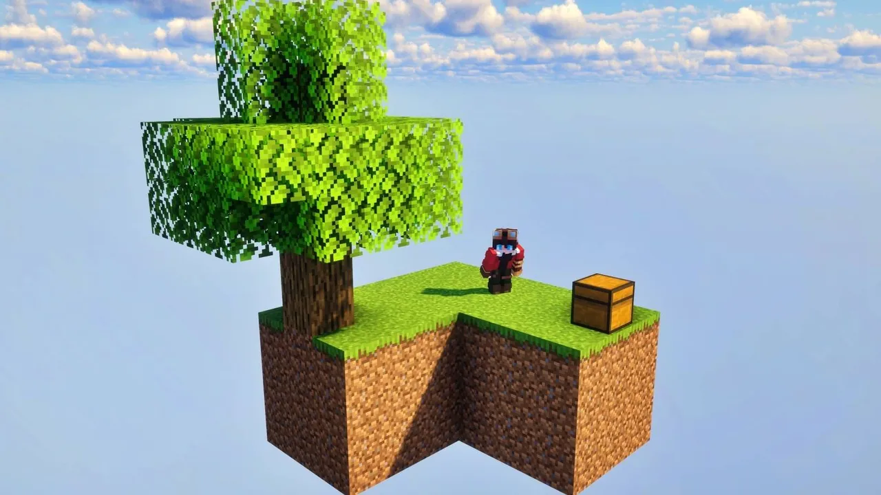 Tryzz's Skyblock Adventure map for Minecraft PE: Player stands on floating island with tree and chest