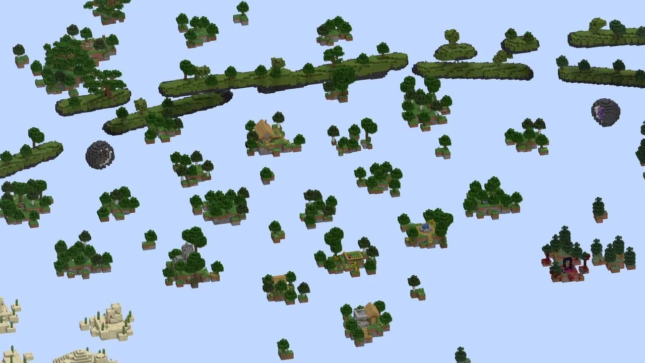 Tryzz's Skyblock Adventure map: Islands with trees and buildings