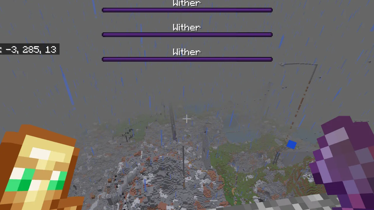 Unstable SMP Map: Player facing three Wither mobs in rainy sky