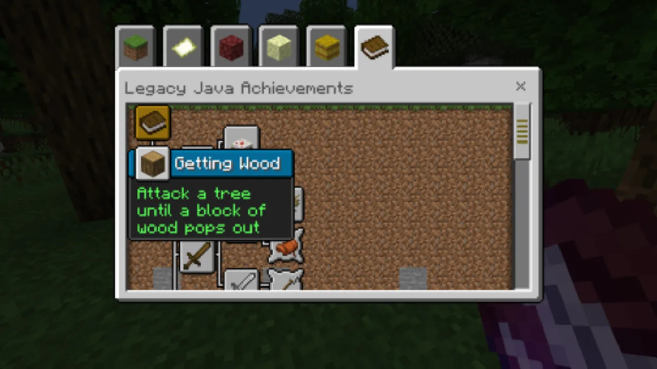 AdvancementPack addon: Achievement screen showing "Getting Wood