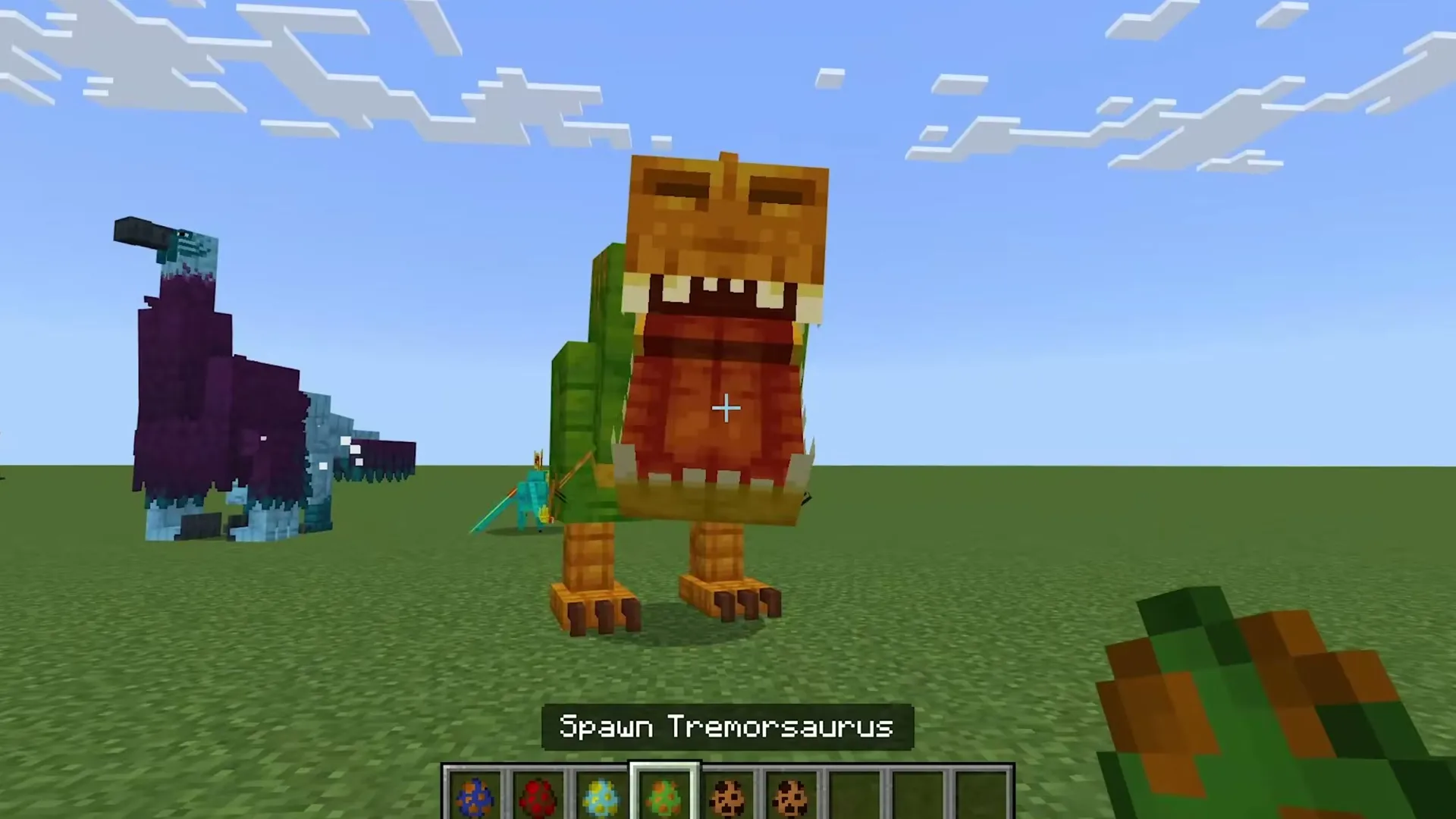 Alex's Caves addon for Minecraft PE: Tremorsaurus spawned in grassy field