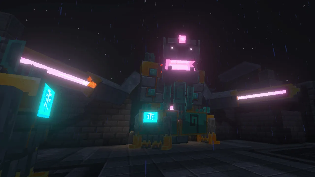 Alylica's Dungeons addon: Giant glowing robot in dark room