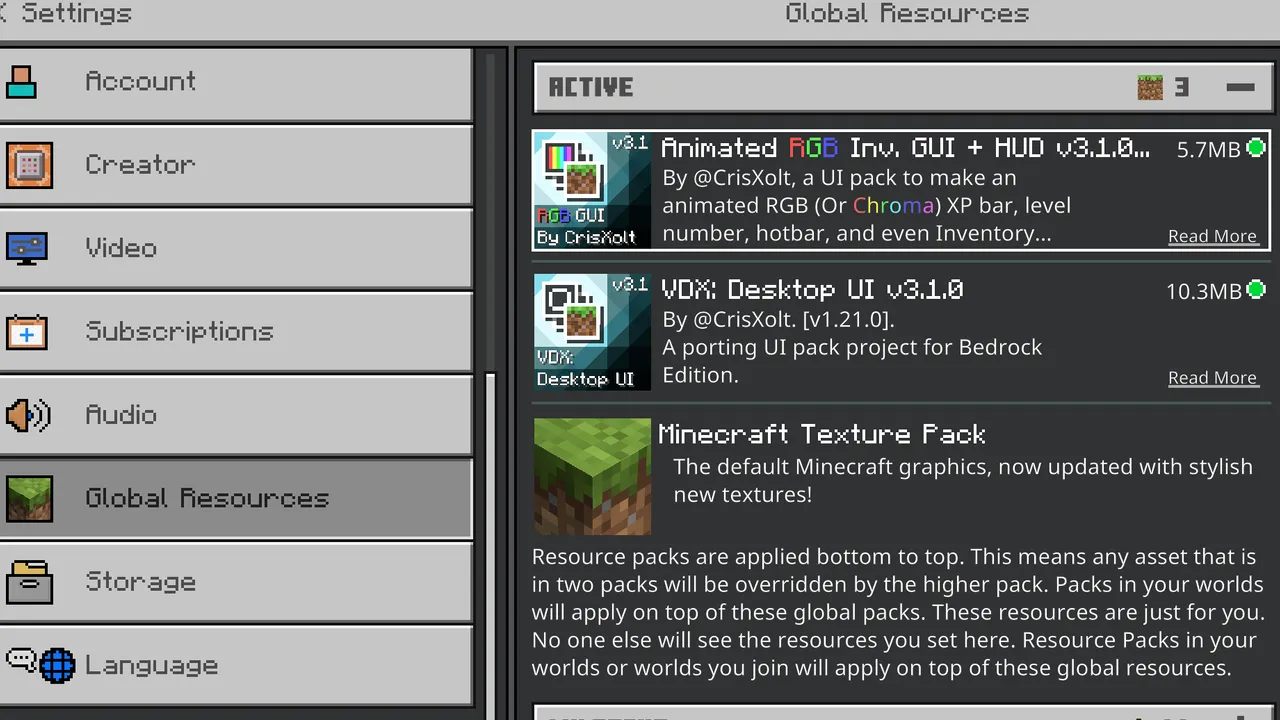 Animated RGB GUI addon: Settings menu with resource packs listed