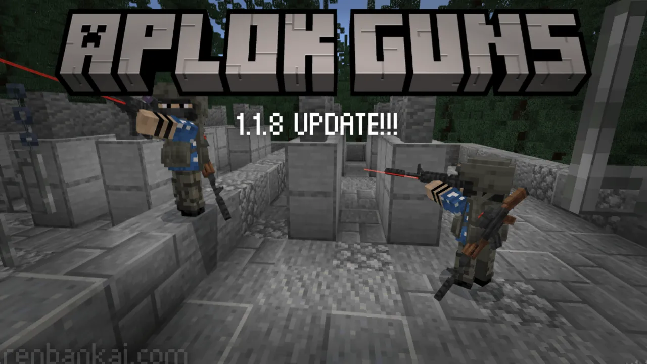 Aplok Guns addon for Minecraft PE: Two players with guns in stone room