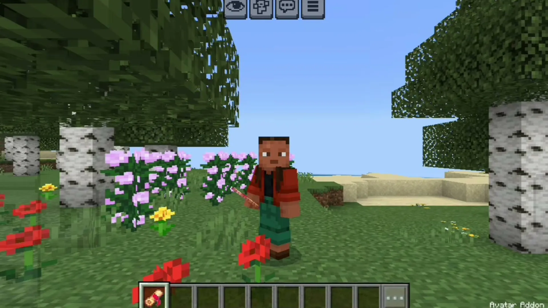 Avatar addon for Minecraft PE: Player standing in grassy area with flowers and trees